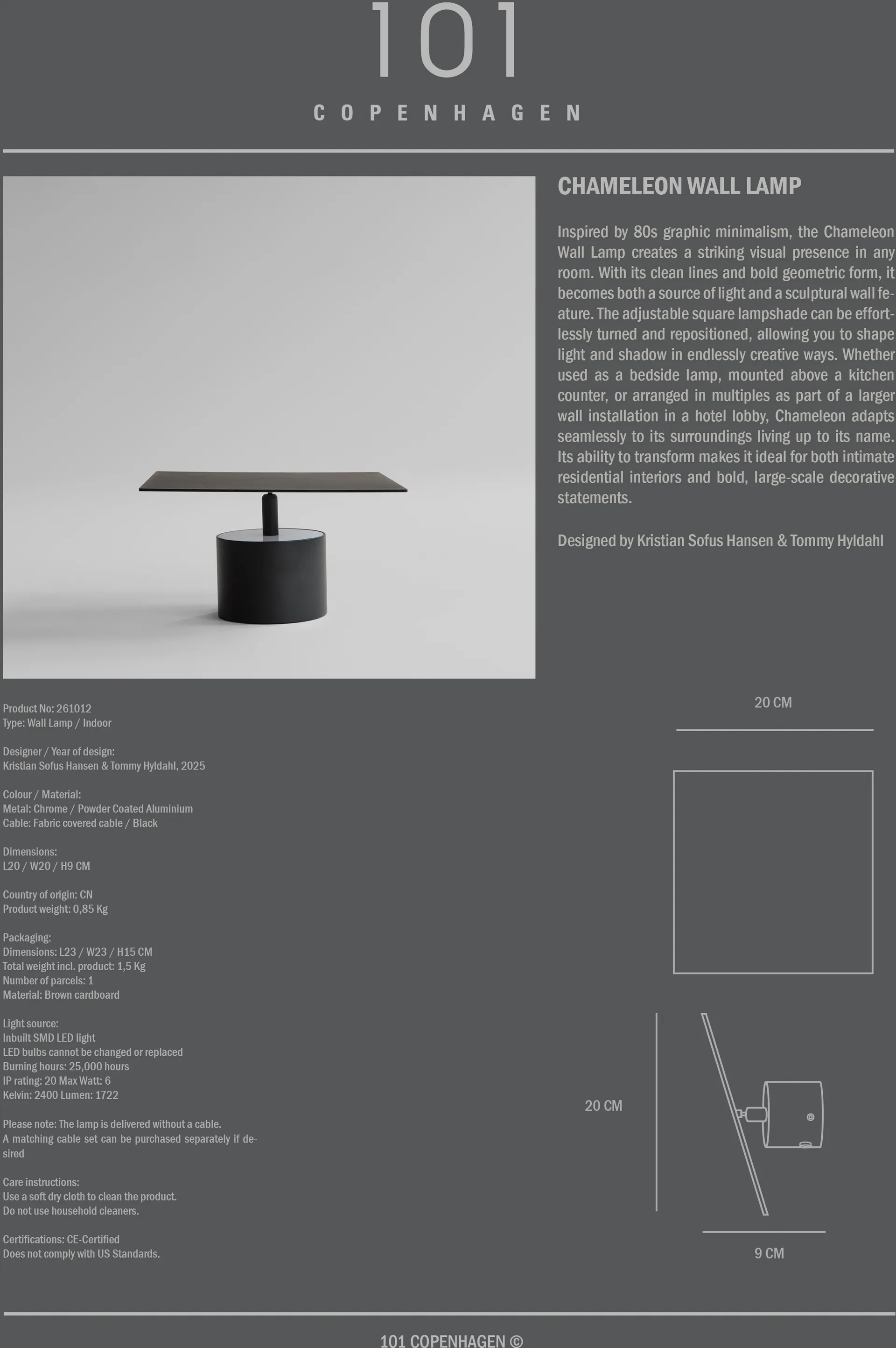 Chameleon wall lamp, Burned Black 101 Copenhagen