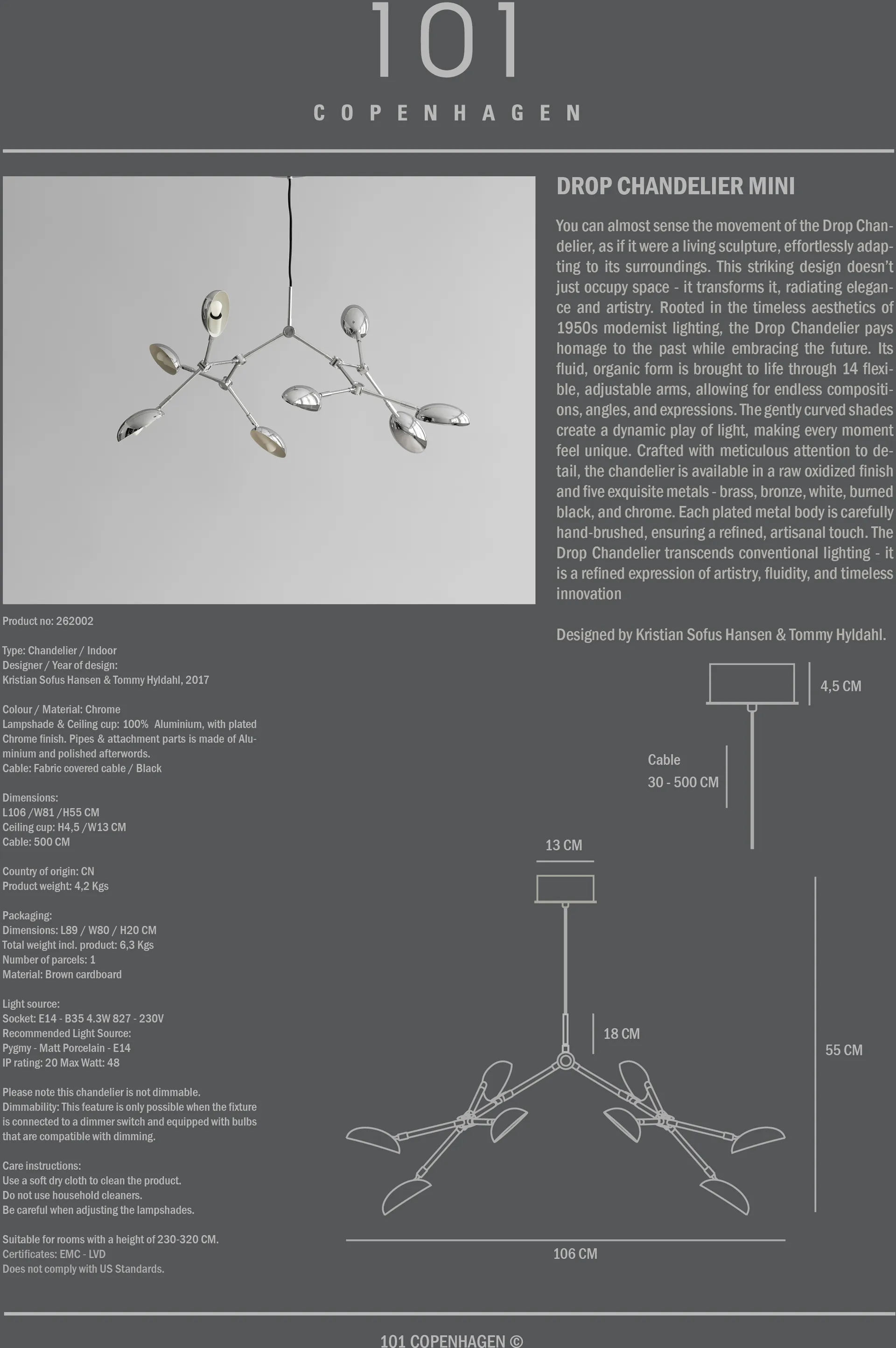 Drop Chandelier chandelier mini, Chrome 101 Copenhagen