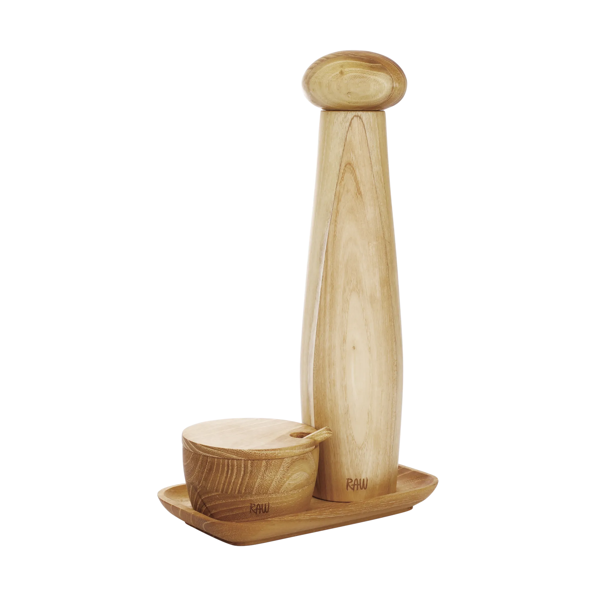 Raw ceramic pepper mill salt bowl & tray 3 pieces, Teak Aida