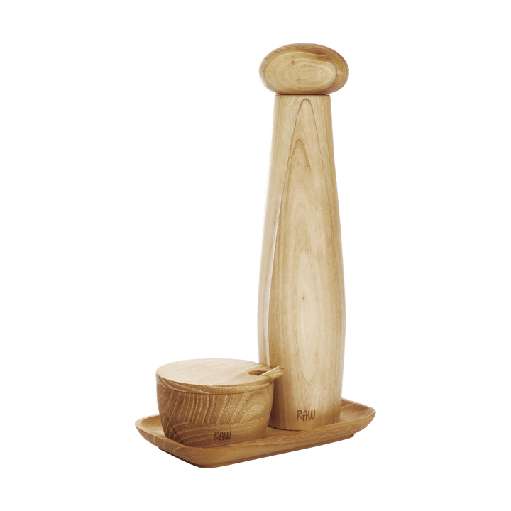 Raw ceramic pepper mill salt bowl & tray 3 pieces - Teak - Aida