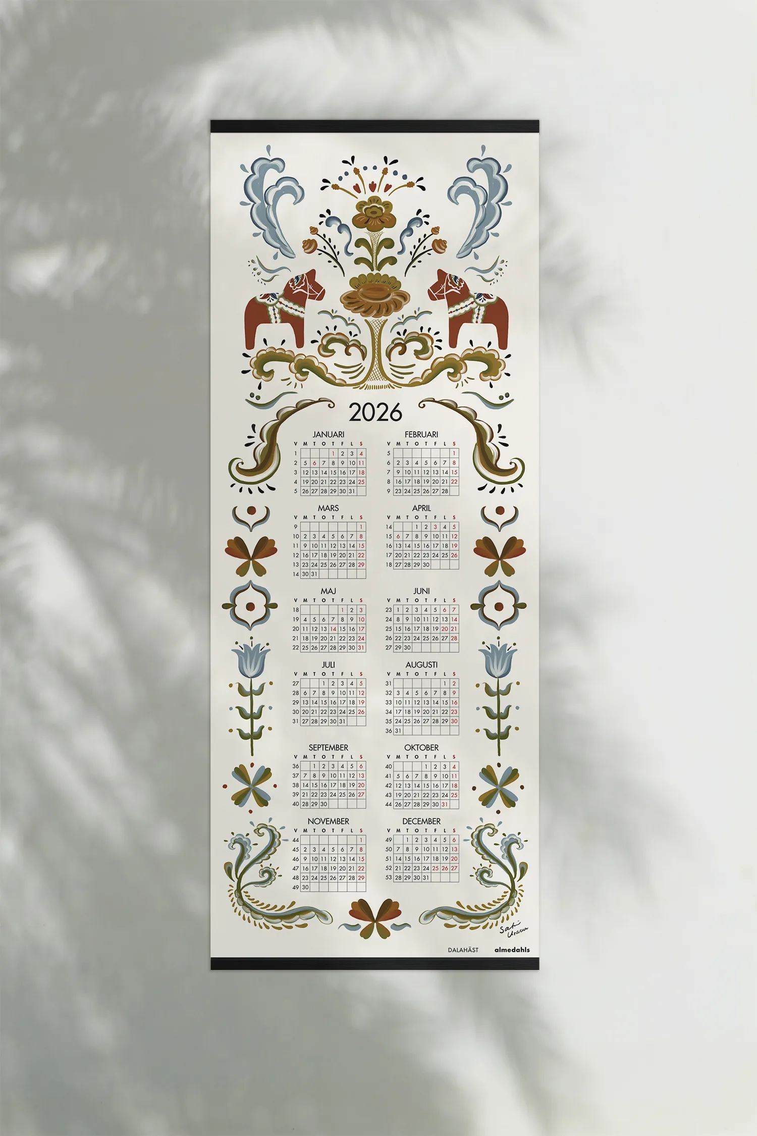 Dala horse calendar 2026, 35x90 cm Almedahls