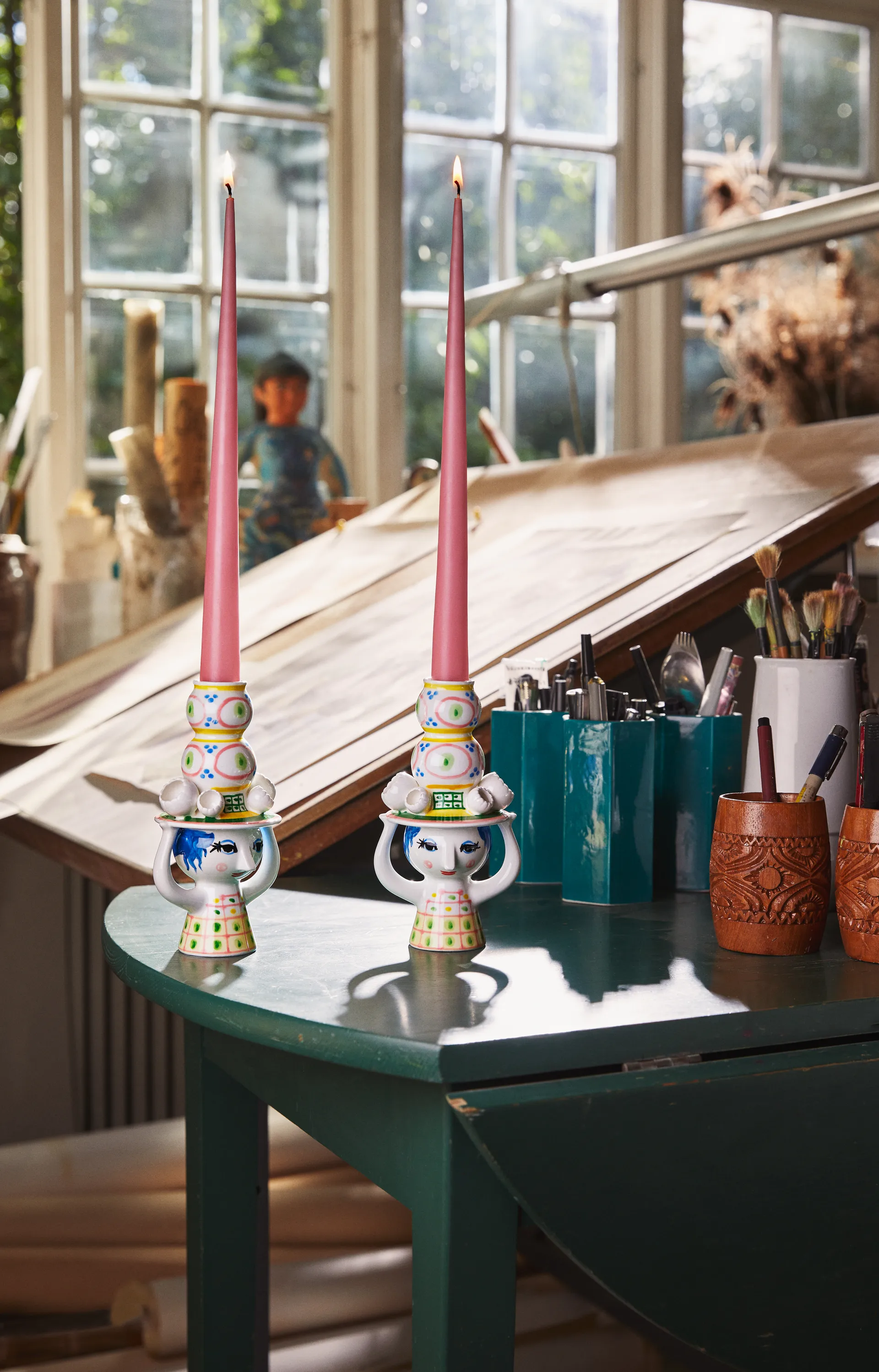 Lady with hat candle holder H16 cm, Pink Bjørn Wiinblad