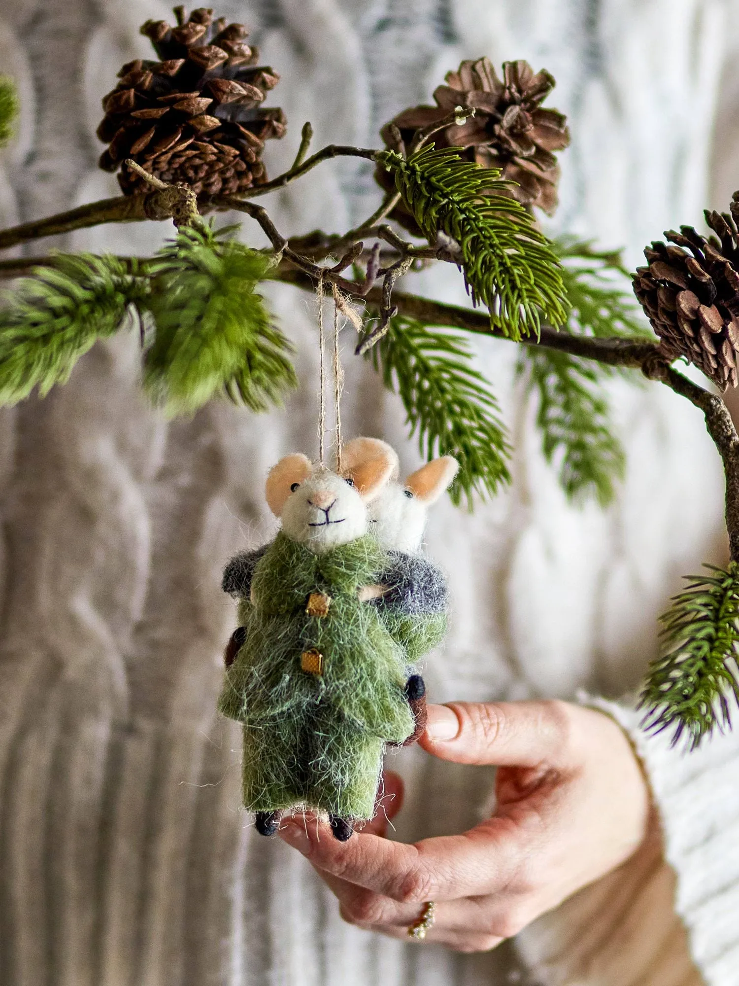Peo Christmas tree decorations wool 2 pieces, Green-grey, 11 cm Bloomingville