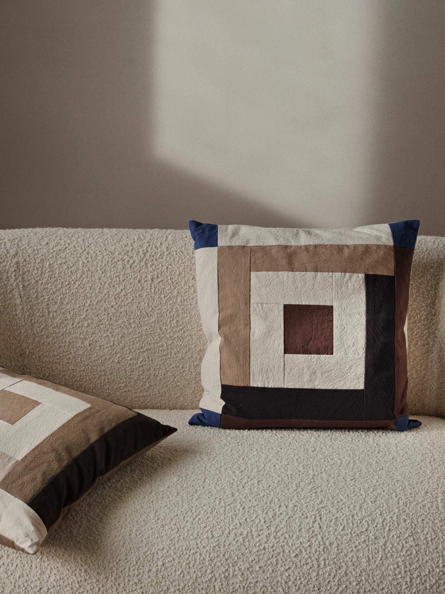 Border patchwork cushion cover 50x50 cm, Carob brown-bright blue Ferm Living