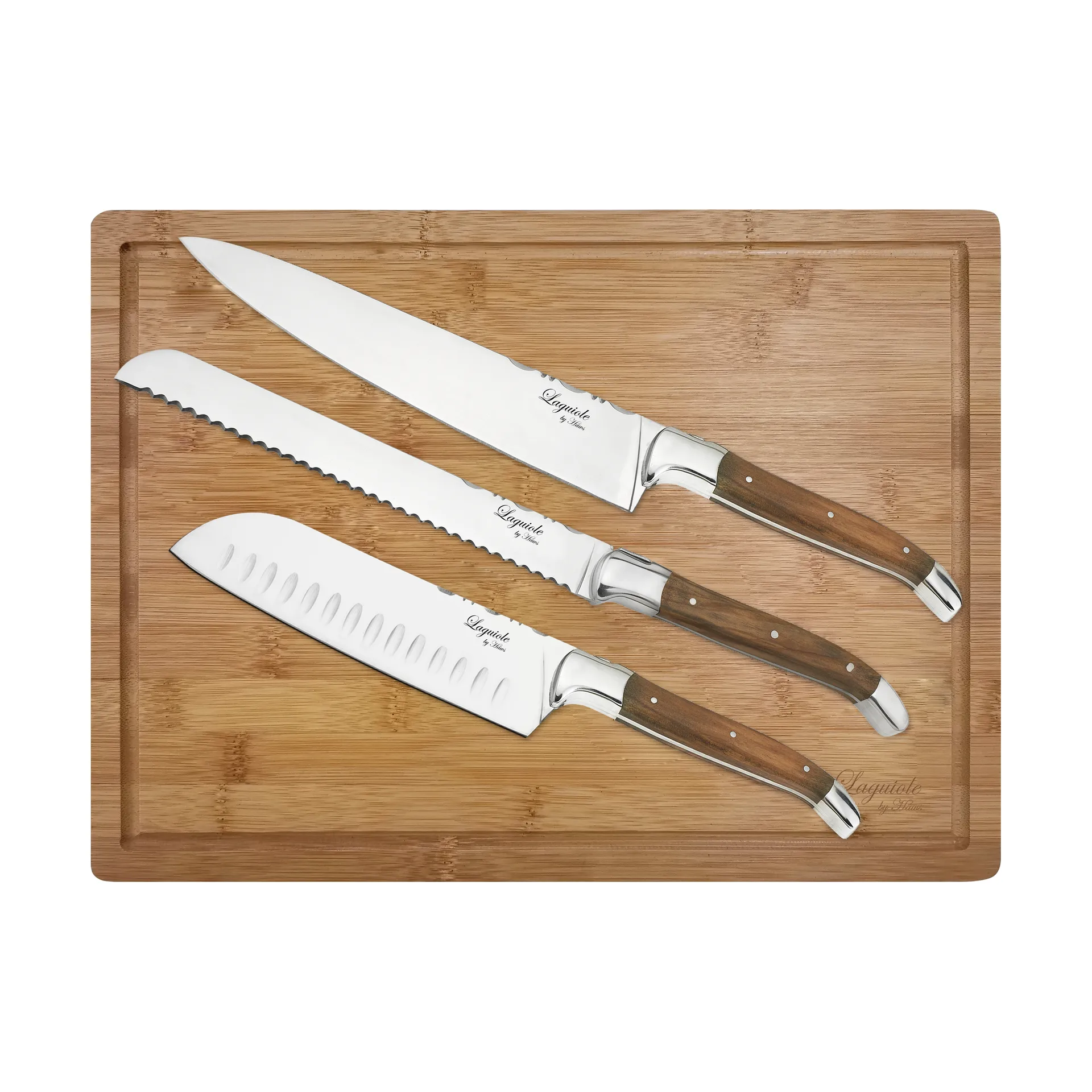 Laguiole By Hâws chef's knife set with cutting board 4-piece, Olive wood-stainless steel-bamboo Hâws