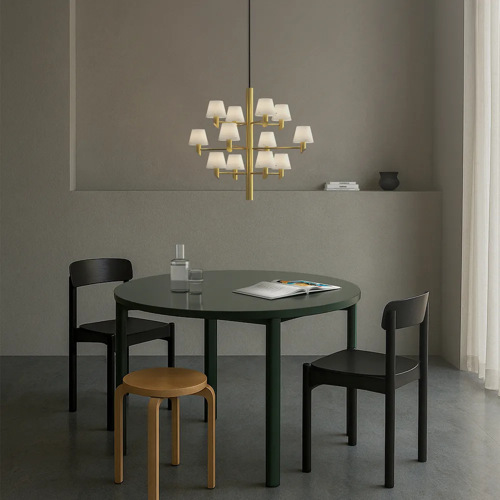 Gil Crown 12 Chandelier, Satin brass-opal glass Herstal