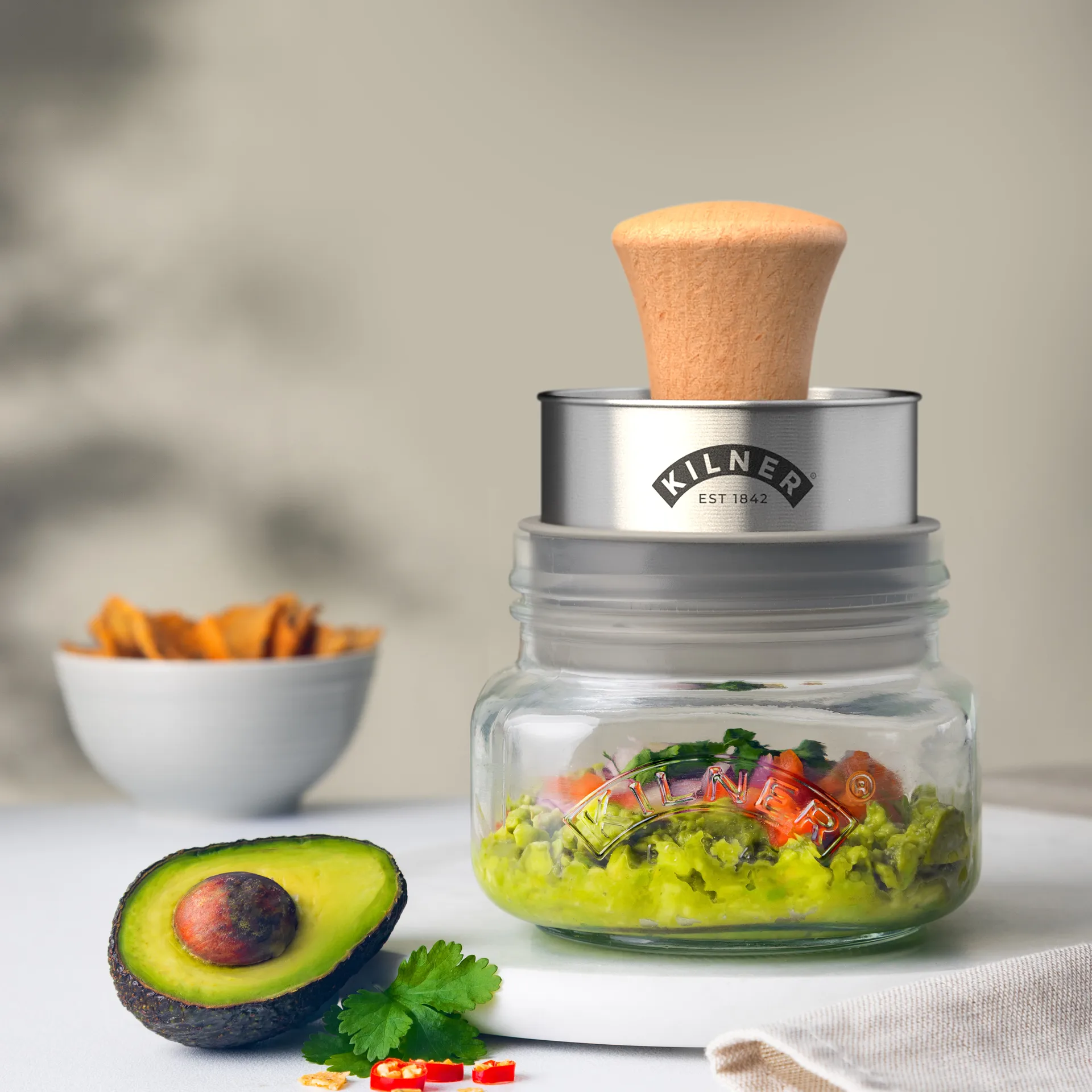 Kilner Mash & Store storage jar set, Clear-stainless steel-wood, 0.5 L Kilner