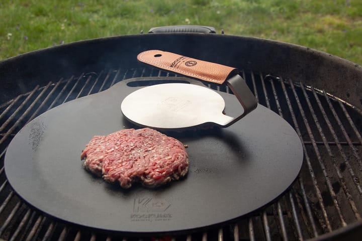 Kockums hamburger press with handle protector, Stainless steel-leather Kockums Jernverk