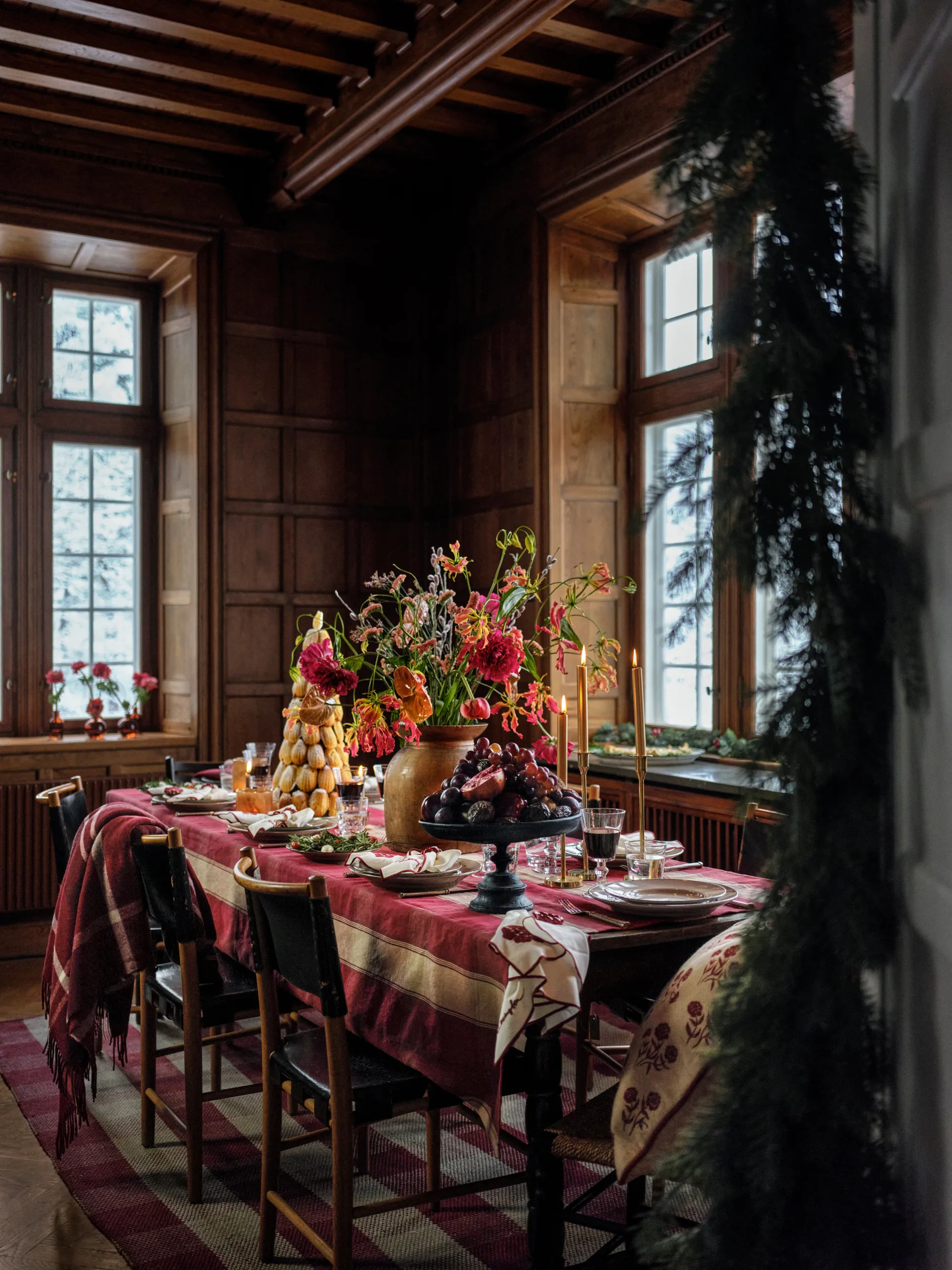 Checked linen-cotton tablecloth 150x250 cm, Red-beige Lexington