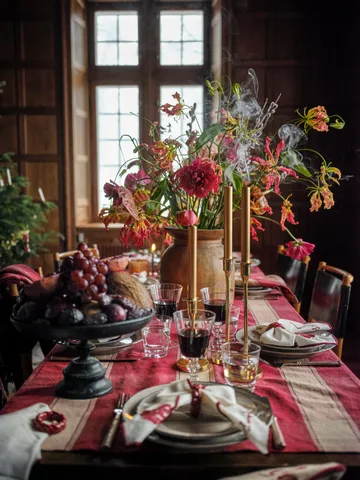 Checked linen-cotton tablecloth 150x250 cm - Red-beige - Lexington