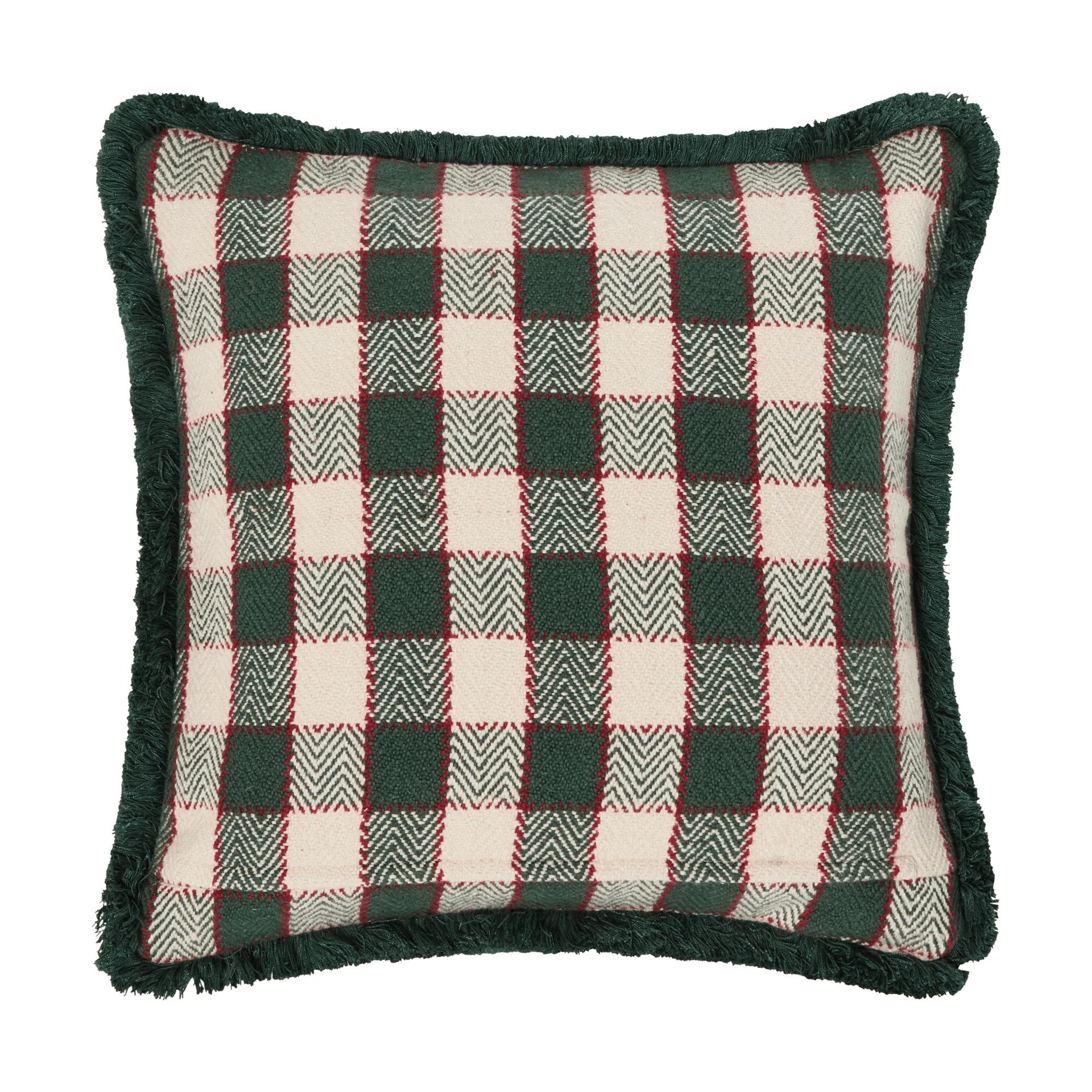 Checked organic cotton fringe cushion cover, Green-light beige-red Lexington