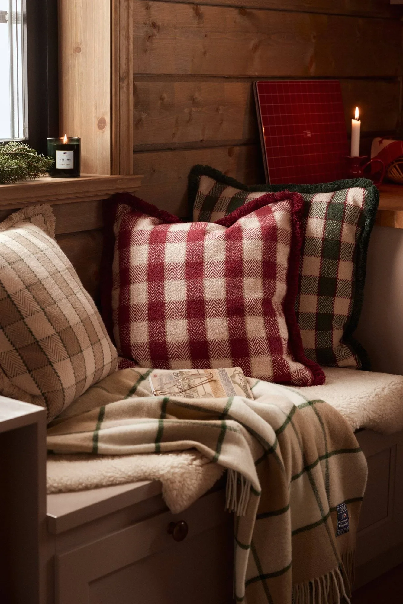 Checked organic cotton fringe cushion cover, Green-light beige-red Lexington