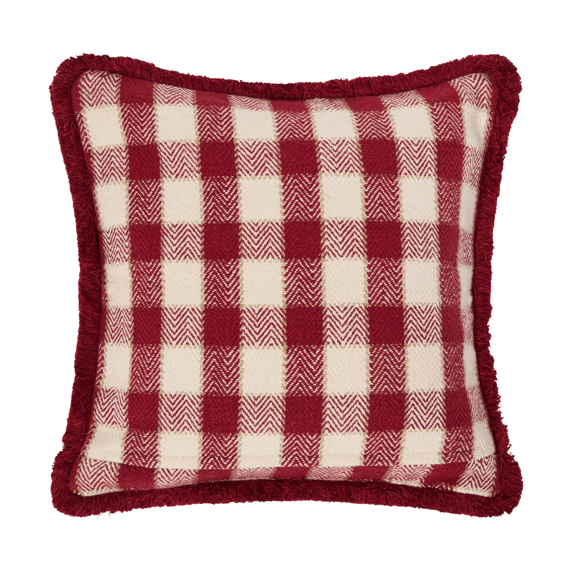 Checked organic cotton fringe cushion cover, Red-light beige-beige Lexington