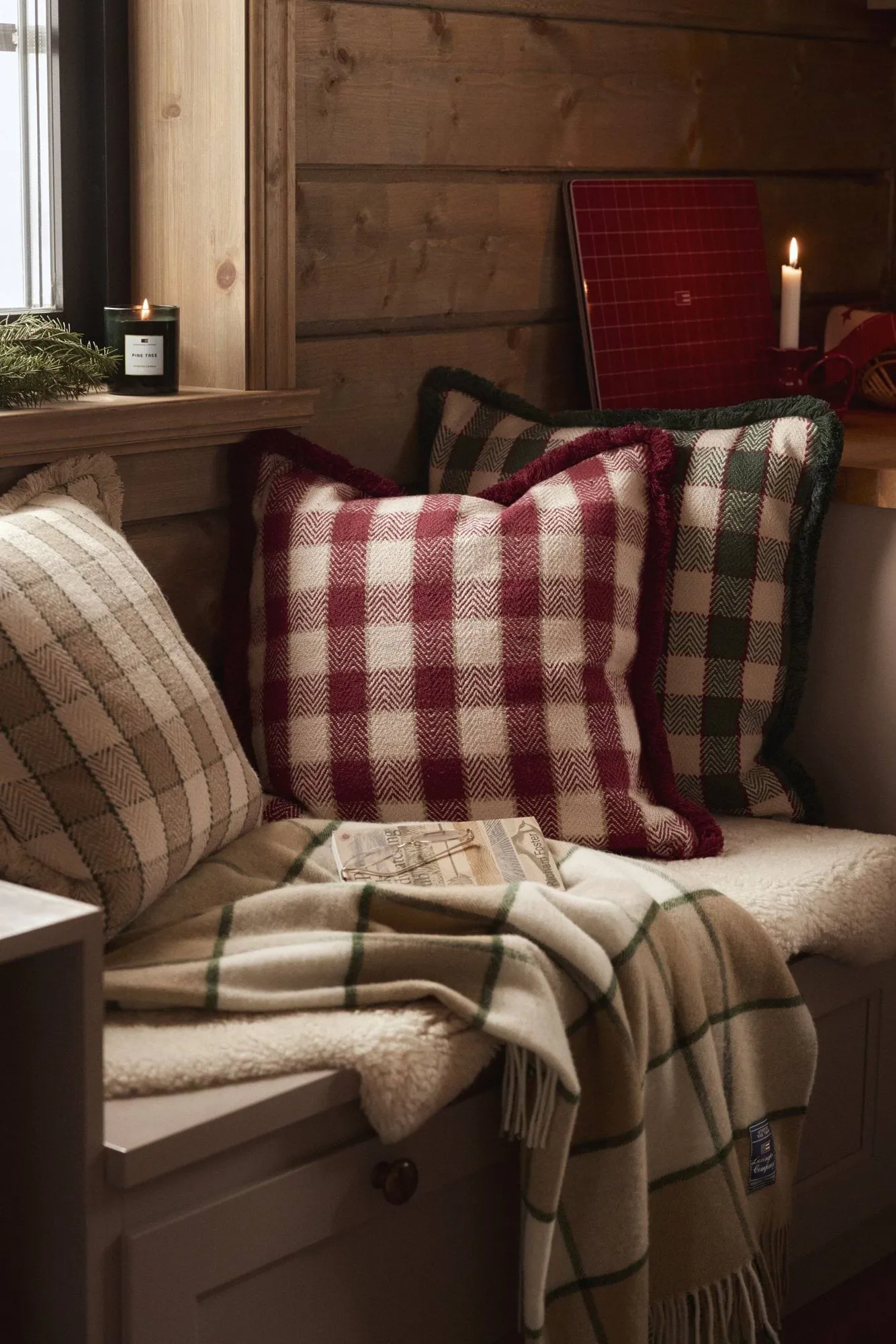 Checked organic cotton fringe cushion cover, Red-light beige-beige Lexington