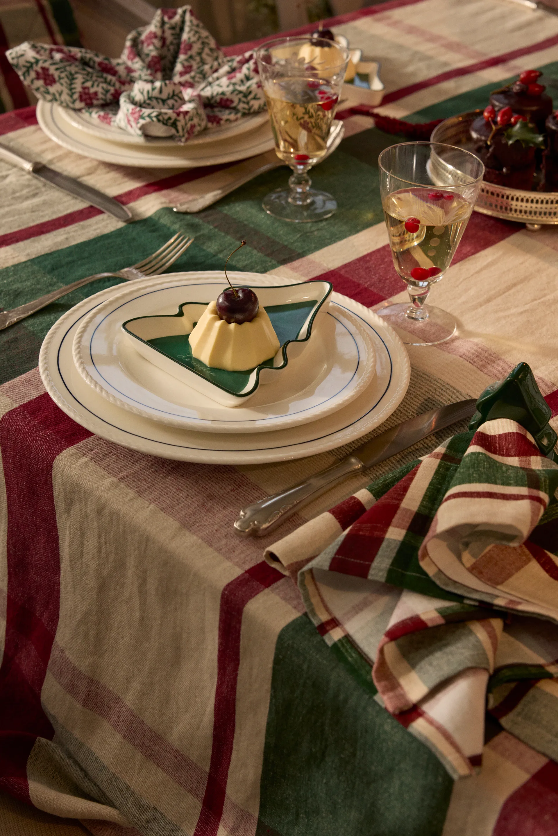 Checked organic cotton runner, Green-red-beige, 50x150 cm Lexington