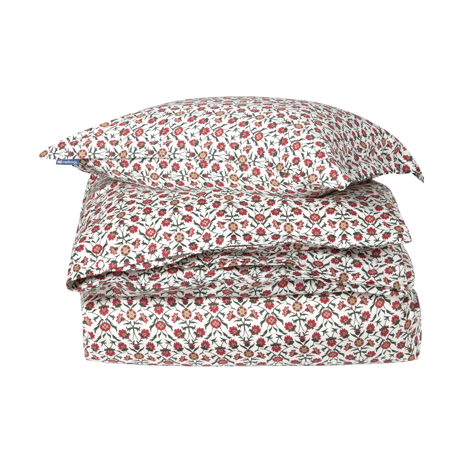 Flower printed cotton sateen bedding set, White-red-green-beige, 50x60 cm/150x210 cm Lexington