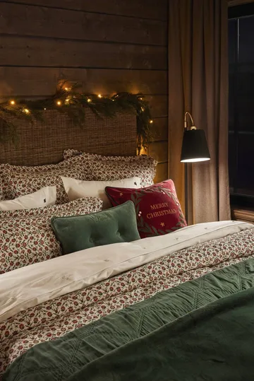 Flower printed cotton sateen bedding set - White-red-green-beige, 50x60 cm/150x210 cm - Lexington