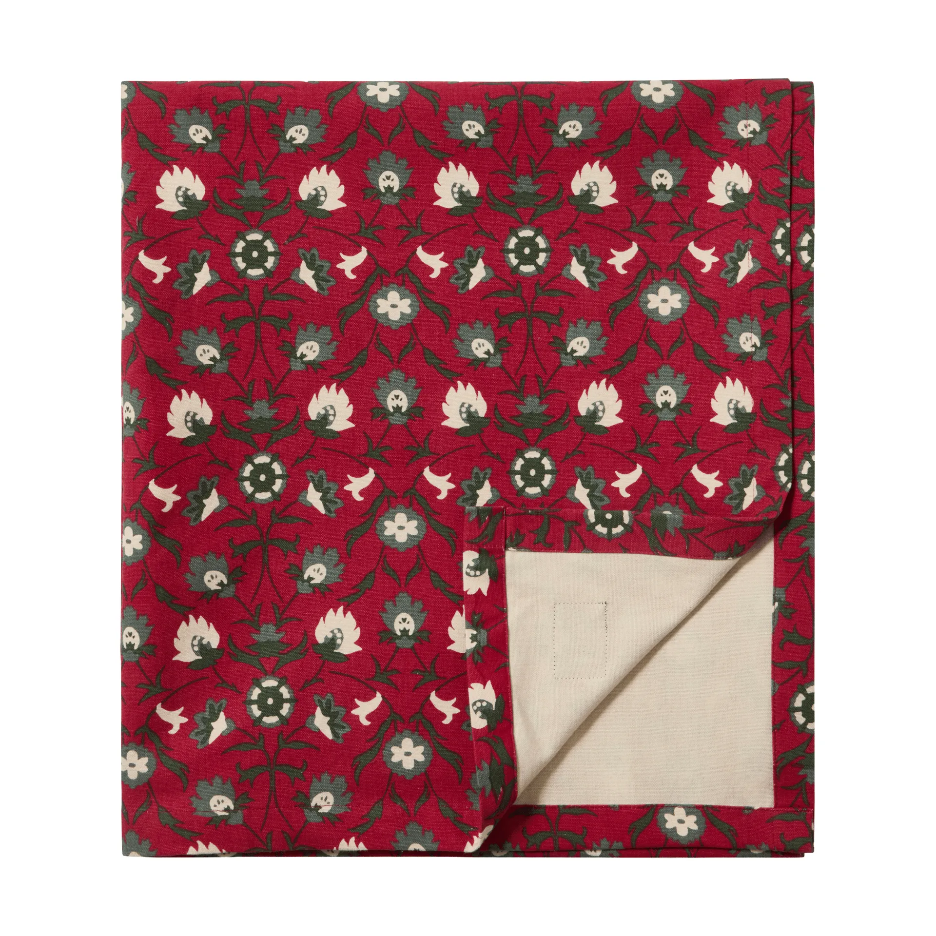 Flower printed organic cotton tablecloth, Red-beige-green, 150x250 cm Lexington