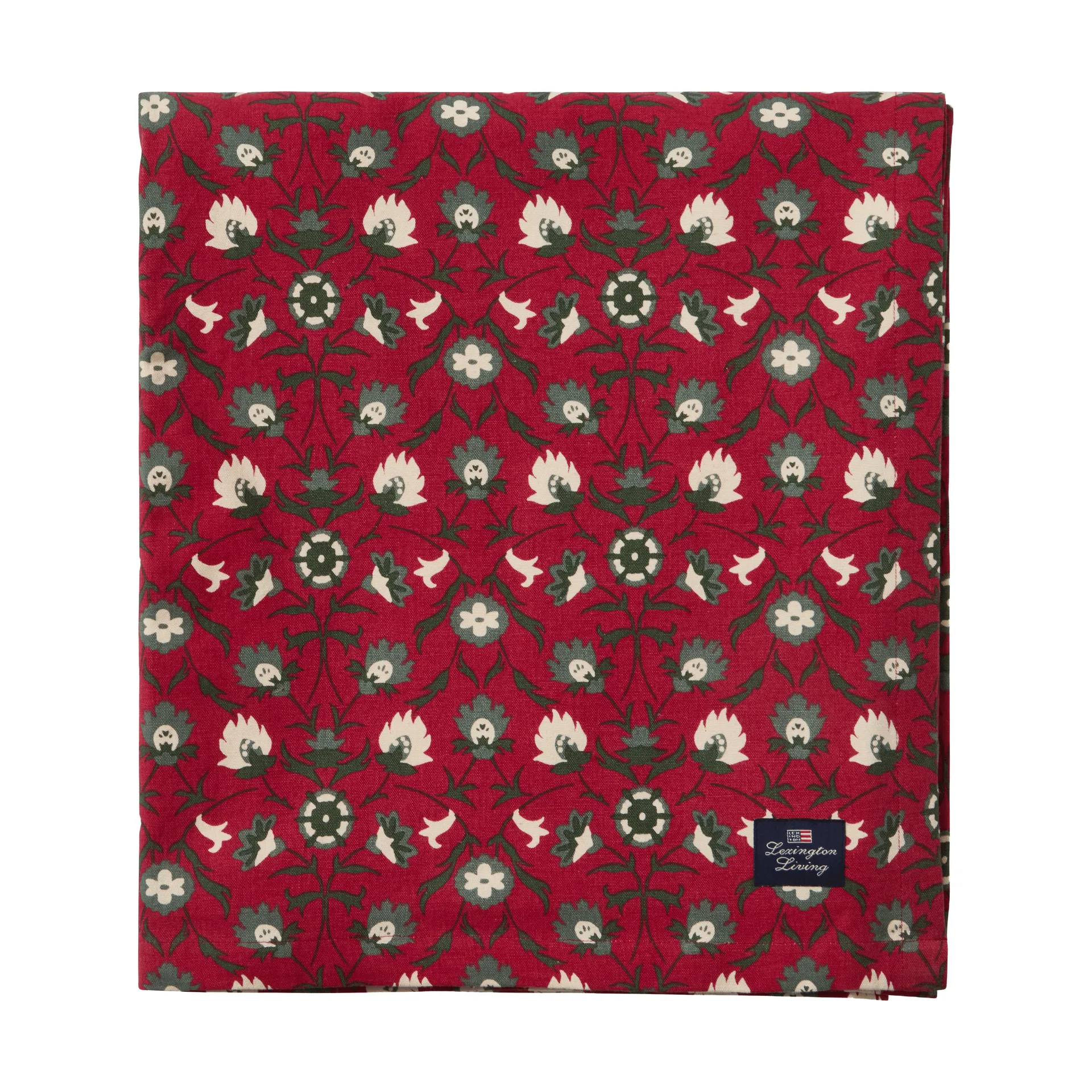 Flower printed organic cotton tablecloth, Red-beige-green, 150x350 cm Lexington