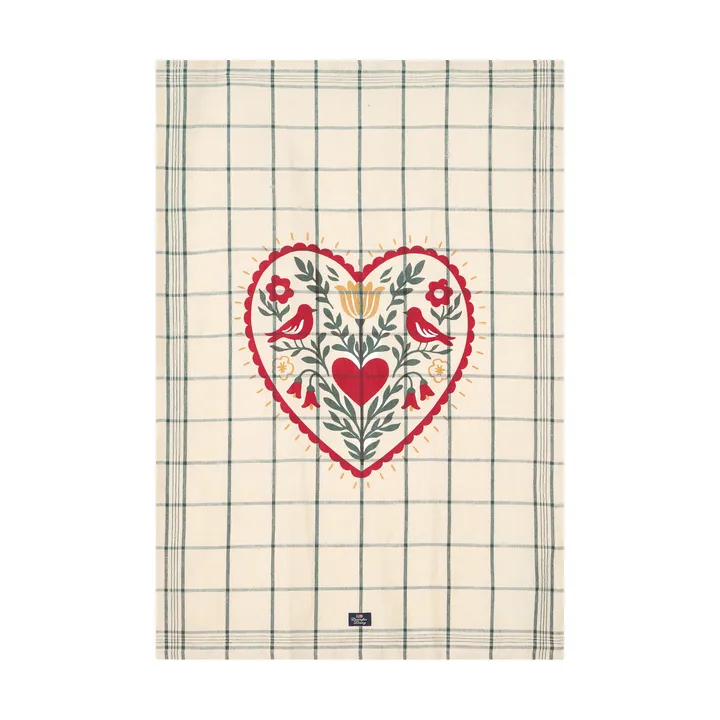 Heart linen/cotton kitchen towel - White-green-red, 50x70 cm - Lexington