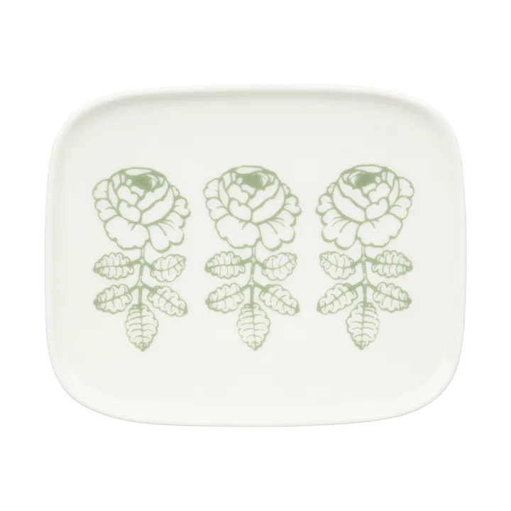 Oiva Vihkiruusu side plate - White, sage, rectangular 12x15 cm - Marimekko