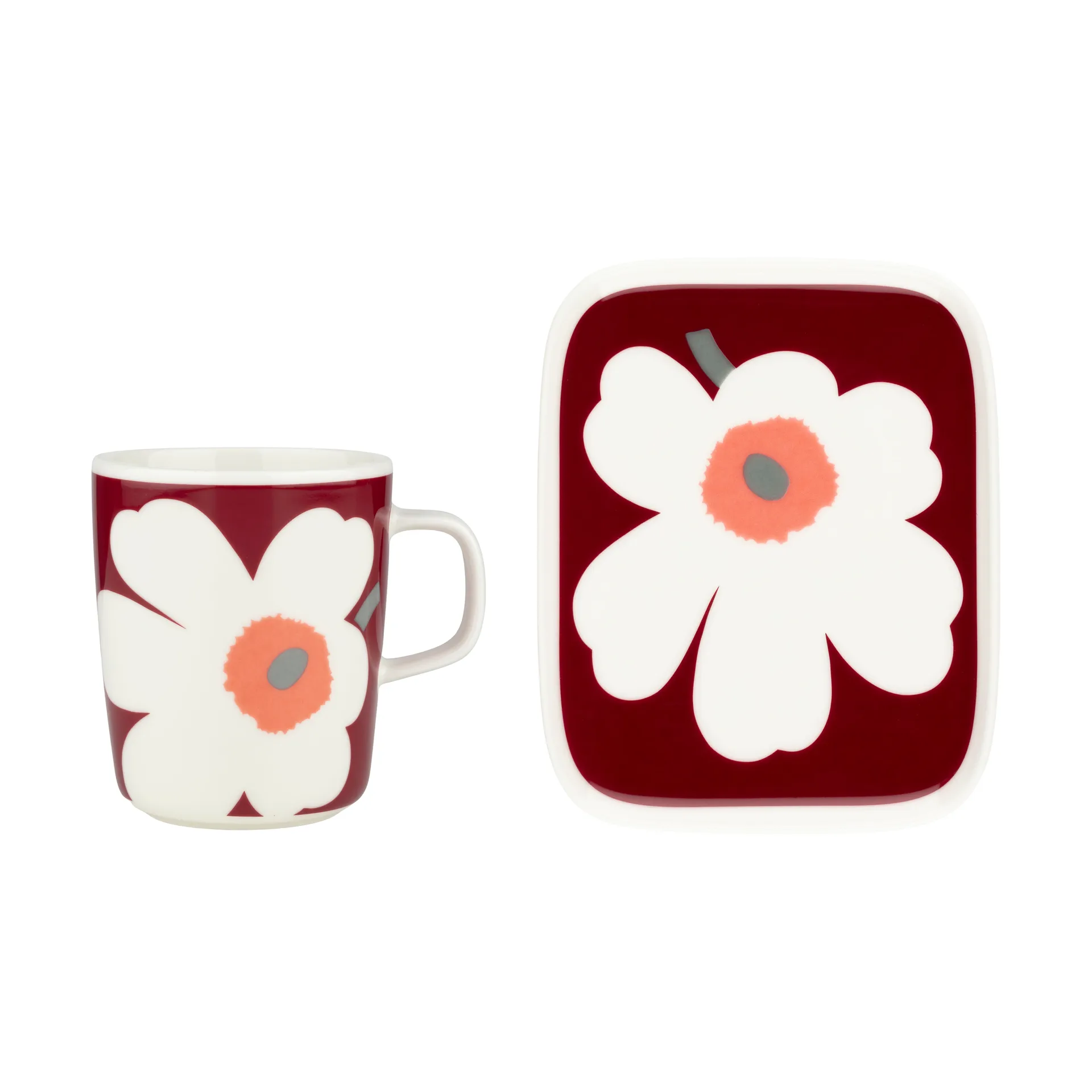 Unikko 60th anniversary mug 25 cl + plate 12x15 cm, White-dark cherry-ash grey Marimekko