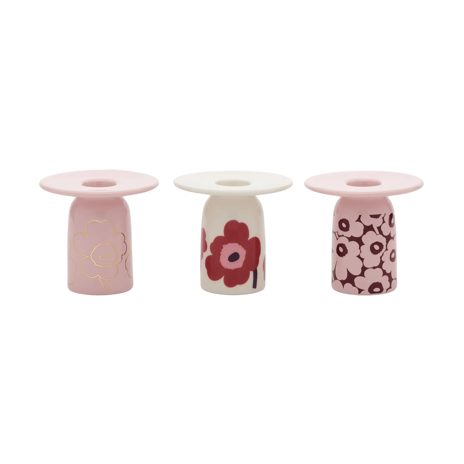 Unikko candle holder, Pink-white-burgundy-gold, 3-piece Marimekko