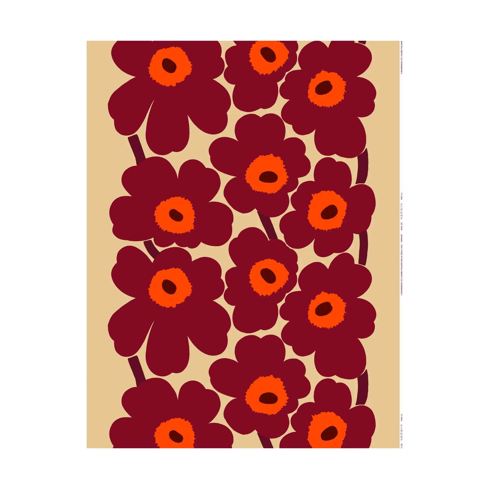 Unikko linen fabric, Vanilla-wine red-red Marimekko