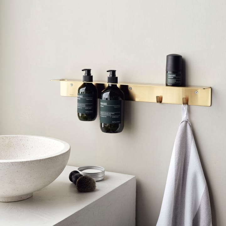 Meraki shelf with bottle hanger and hook, Brushed brass finish Meraki