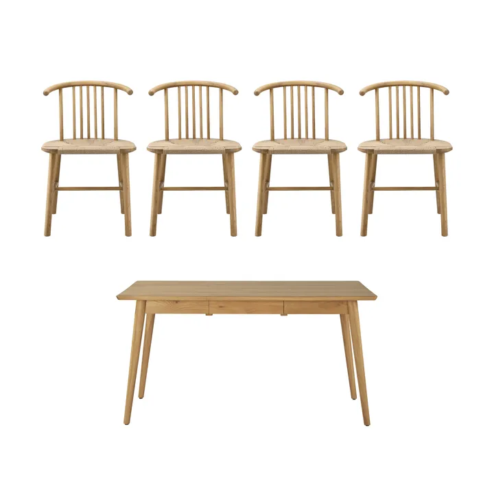 VIOR dining table 120 cm + chair 4‑pack – Lacquered oak‑natural - NJRD