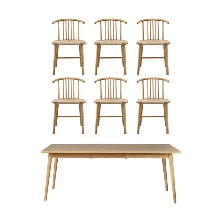 VIOR dining table 200 cm + chair 6‑pack – Lacquered oak‑natural - NJRD