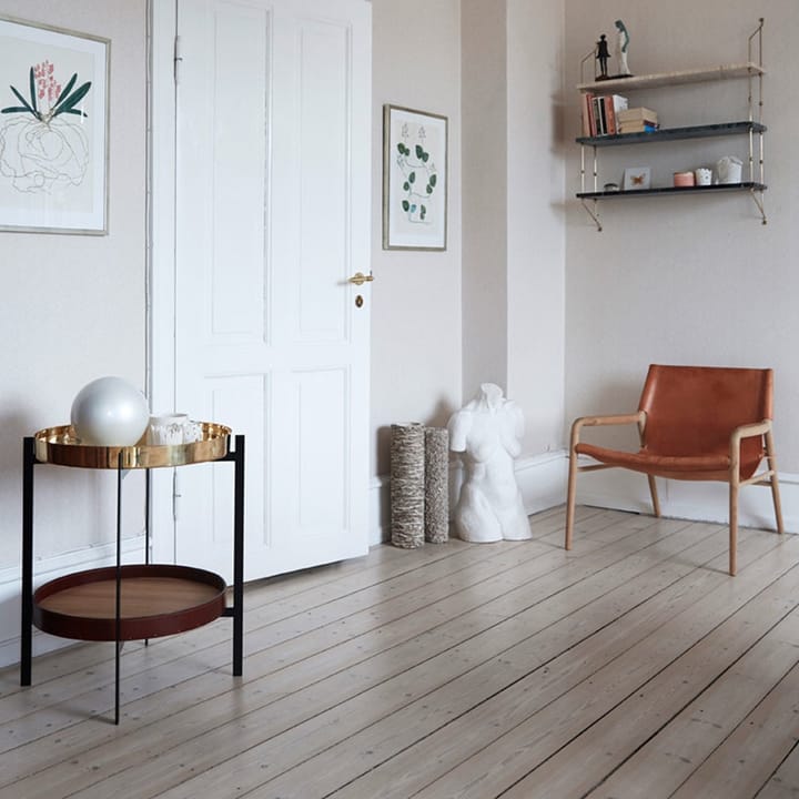 Deck tray table, teak. black stand. white marbleshelf OX Denmarq