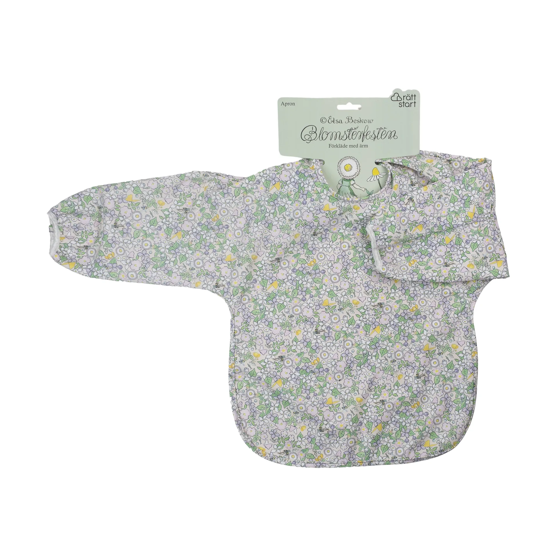 Elsa Beskow Blomsterfesten bib with sleeves, Multi Rätt Start