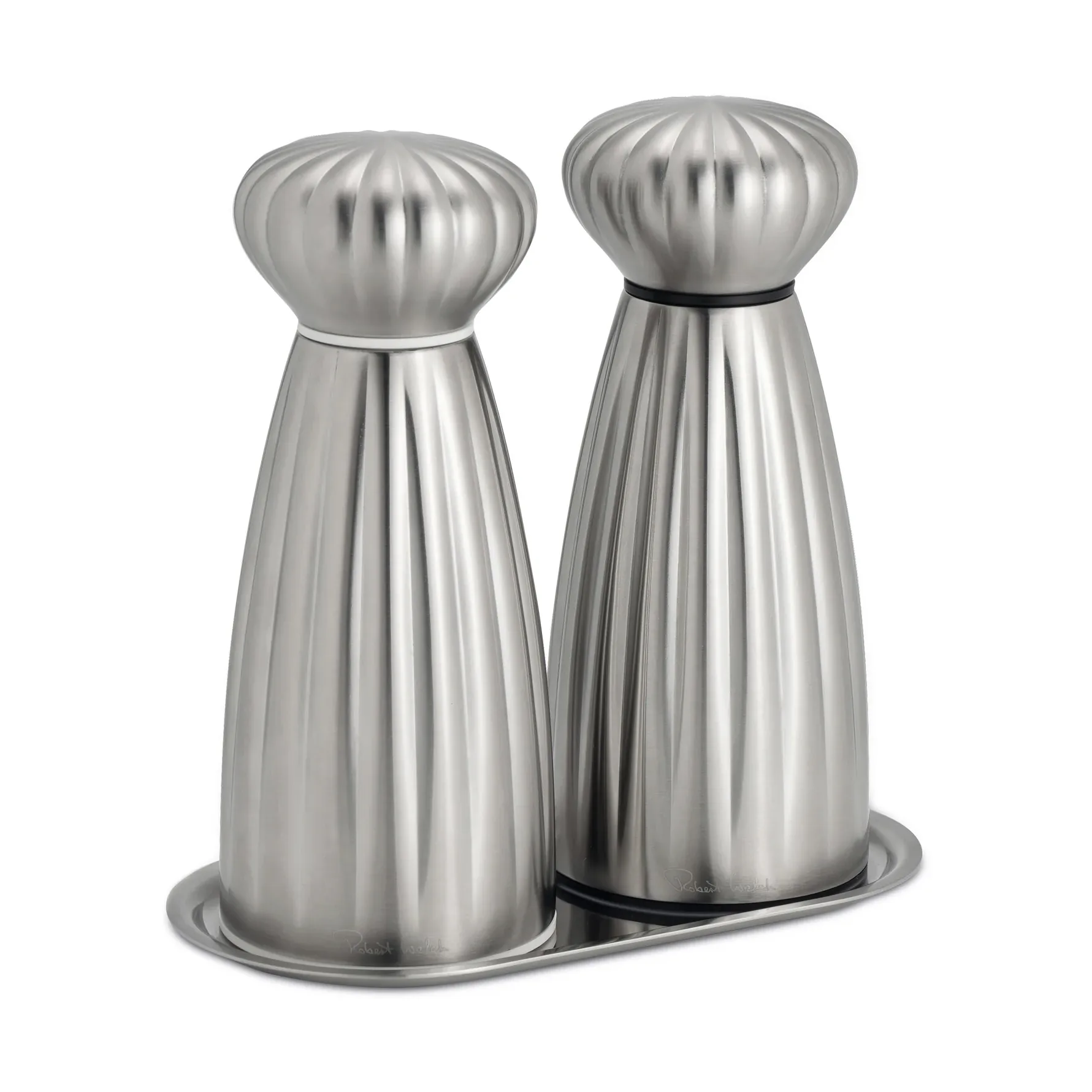 Palm Satin salt and pepper mill set, Small-stainless steel, with tray Robert Welch