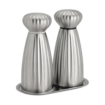 Palm Satin salt and pepper mill set - Small-stainless steel, with tray - Robert Welch