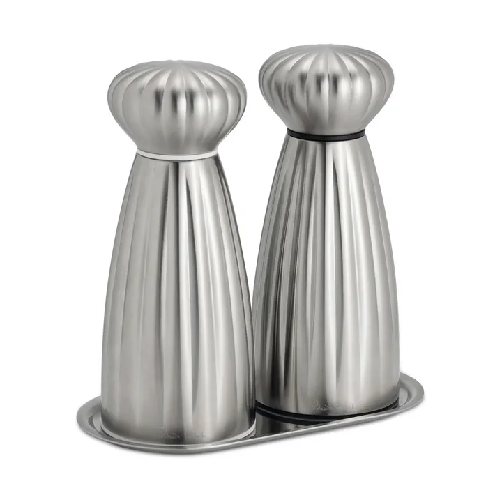 Palm Satin salt and pepper mill set - Small-stainless steel, with tray - Robert Welch