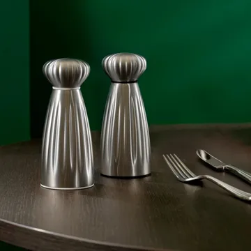 Palm Satin salt and pepper mill set - Small-stainless steel, with tray - Robert Welch
