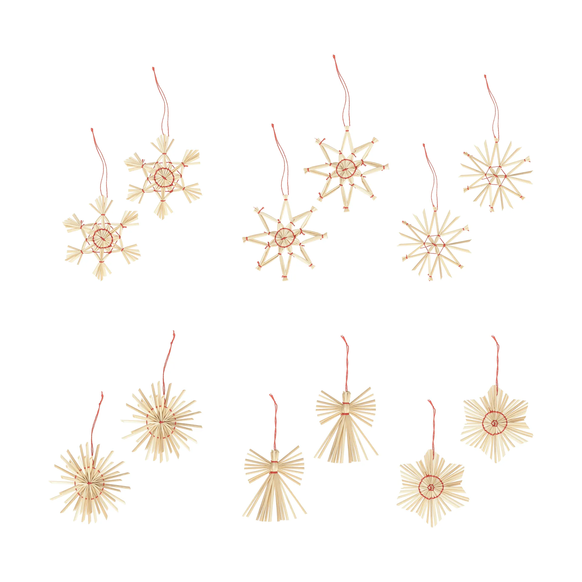 Straw Christmas tree hanging ornaments in straw, 12 pieces, Red Scandi Living