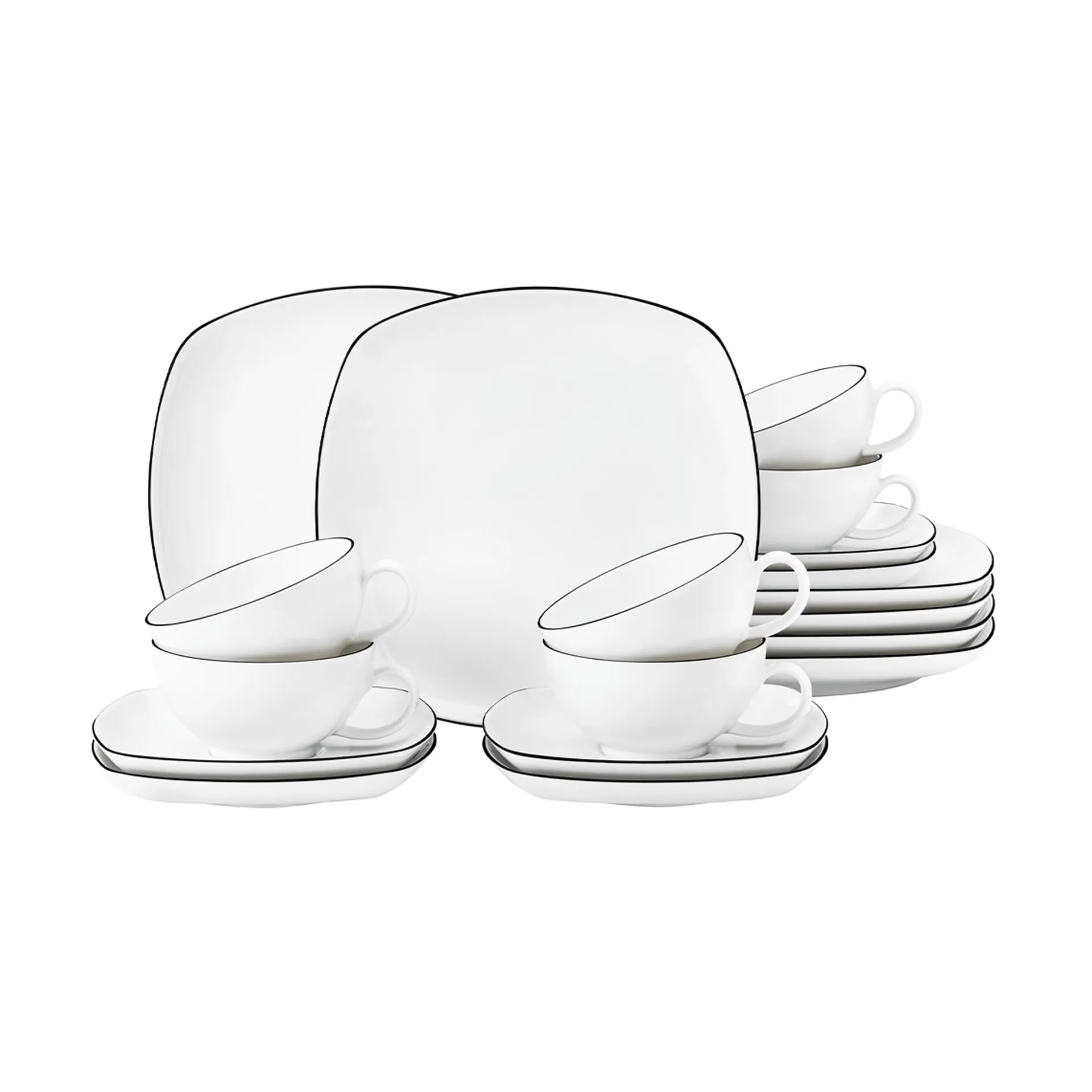 Lido black lines tea service square 18 pieces, White with black edge Seltmann Weiden