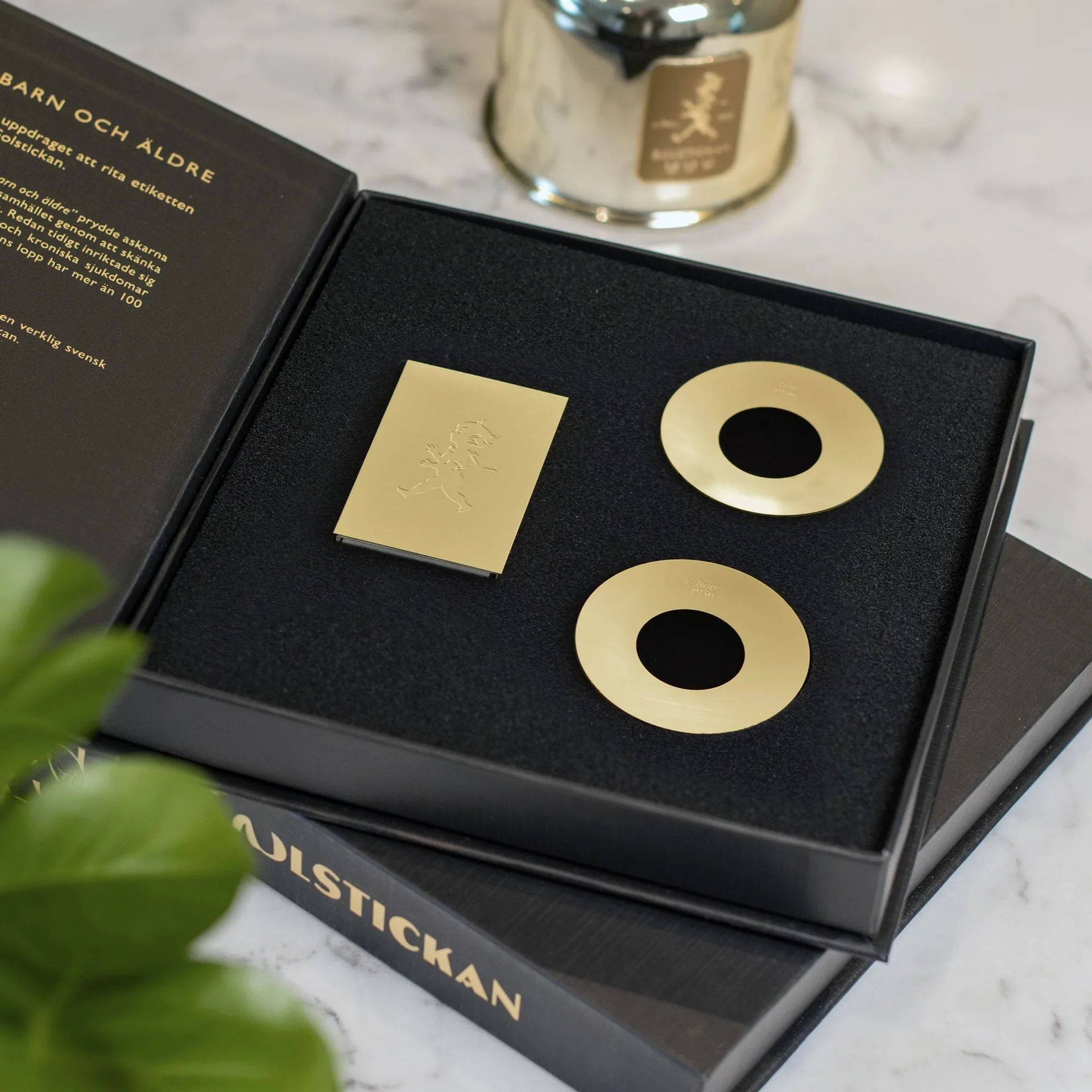 Solstickan anniversary box, 1 matchbox, 2 candle drip trays, brass Solstickan Design
