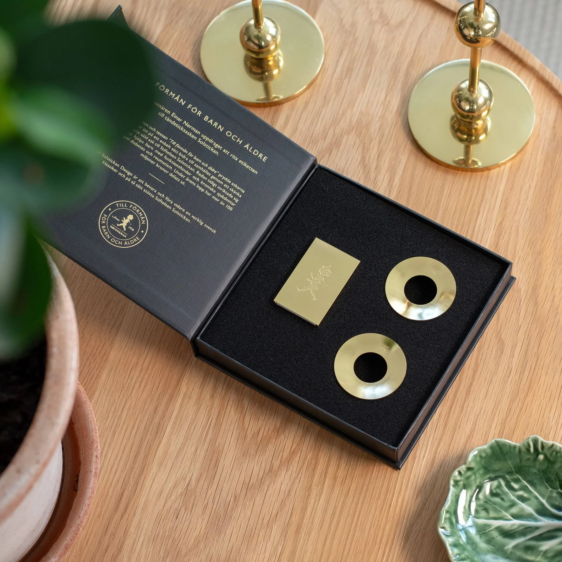 Solstickan anniversary box, 1 matchbox, 2 candle drip trays, brass Solstickan Design