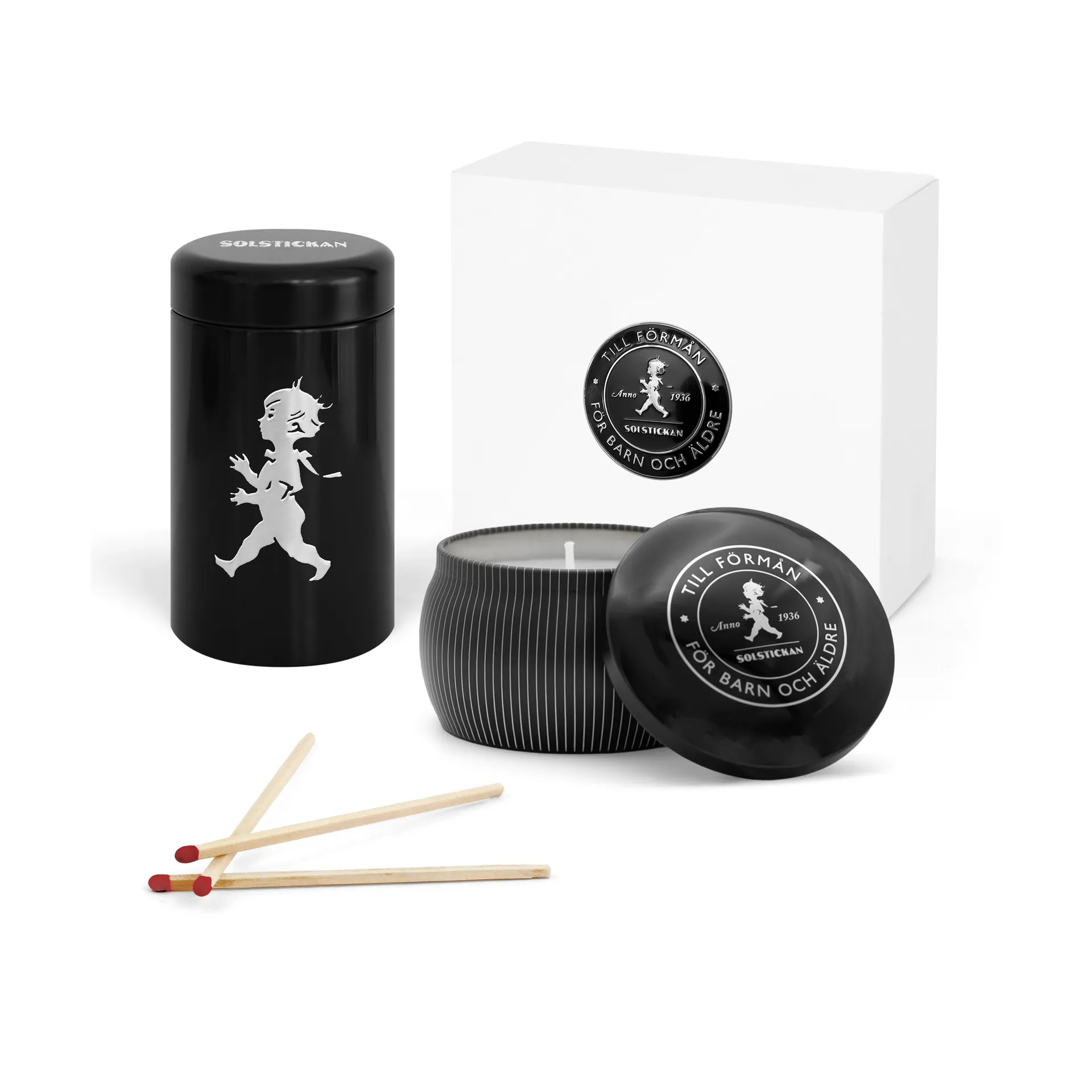 Solstickan gift box scented candles + matchstick tube, Black-scented candle cedarwood Solstickan Design
