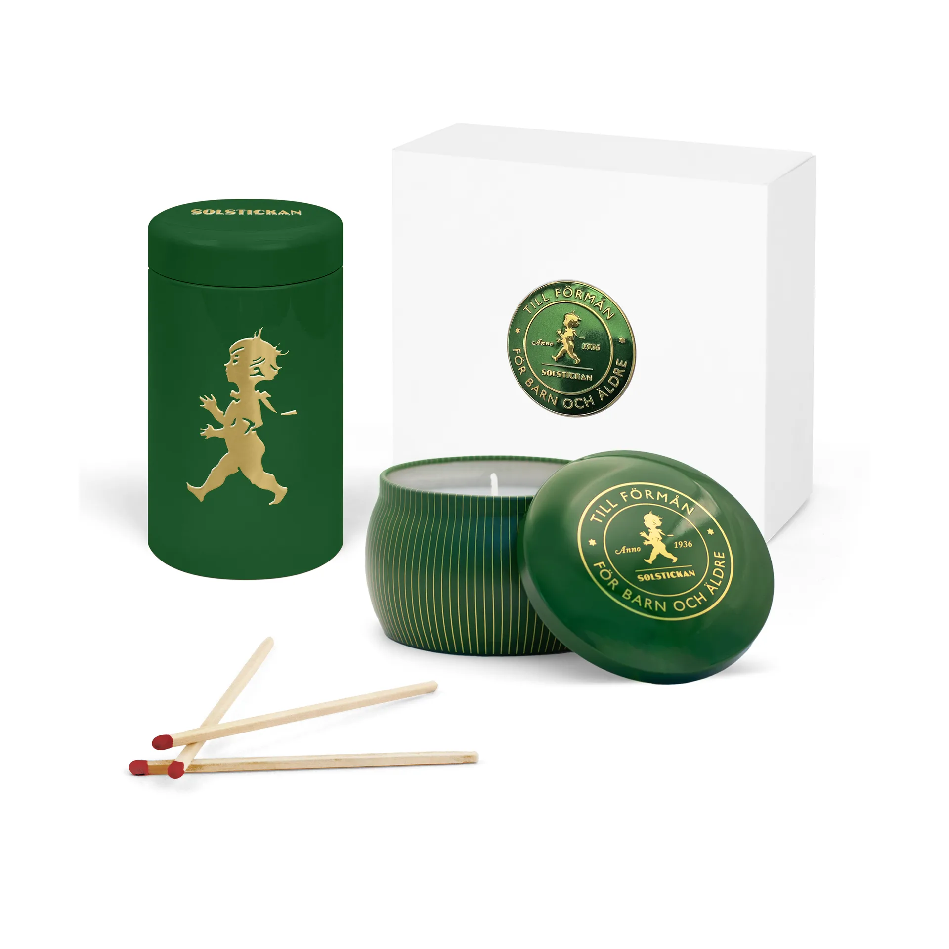 Solstickan gift box scented candles + matchstick tube, Green-scented candle pine forest Solstickan Design
