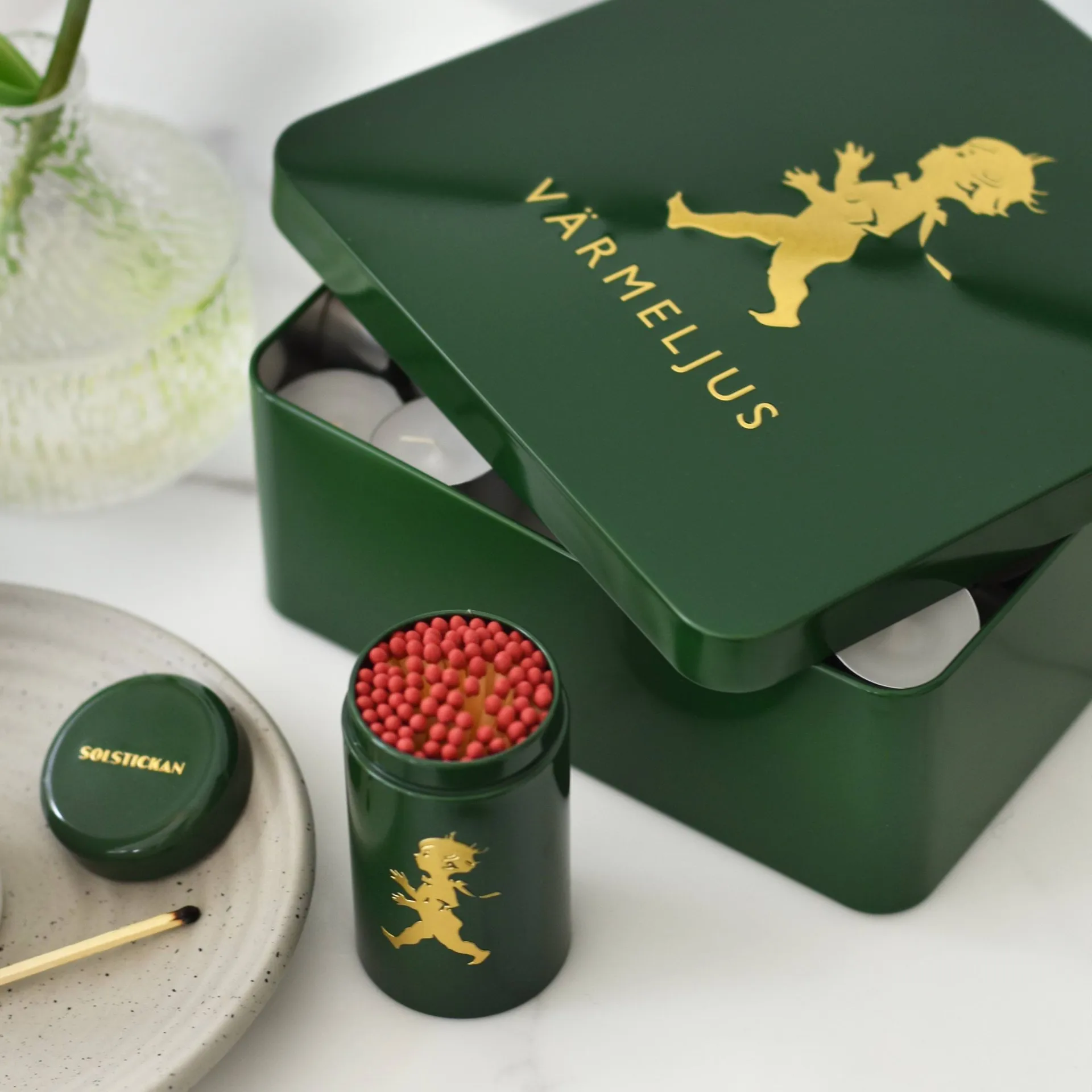 Solstickan tealight box 21x21 cm, Green-gold Solstickan Design