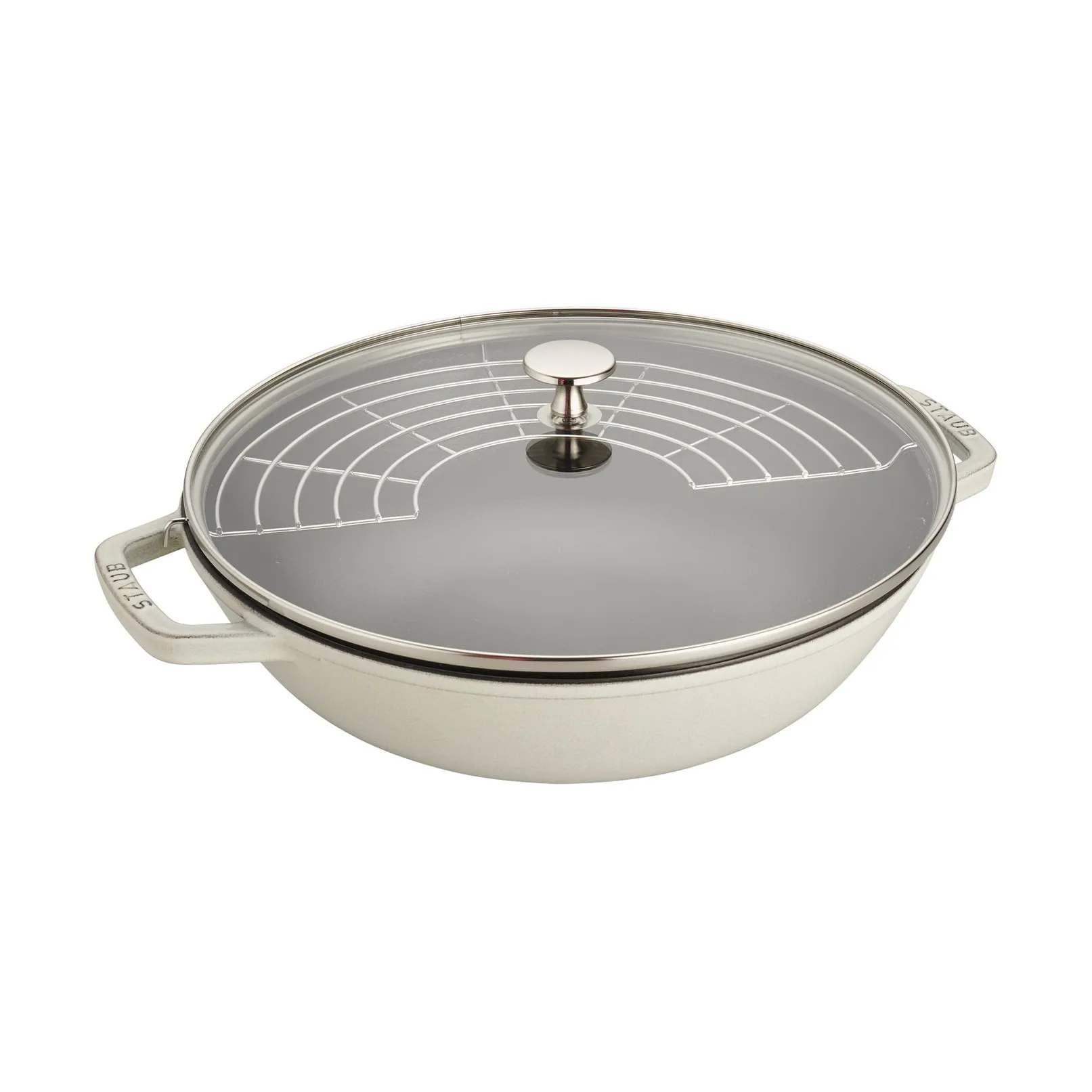 Staub cast iron wok pan with glass lid Ø30 cm, White truffle STAUB