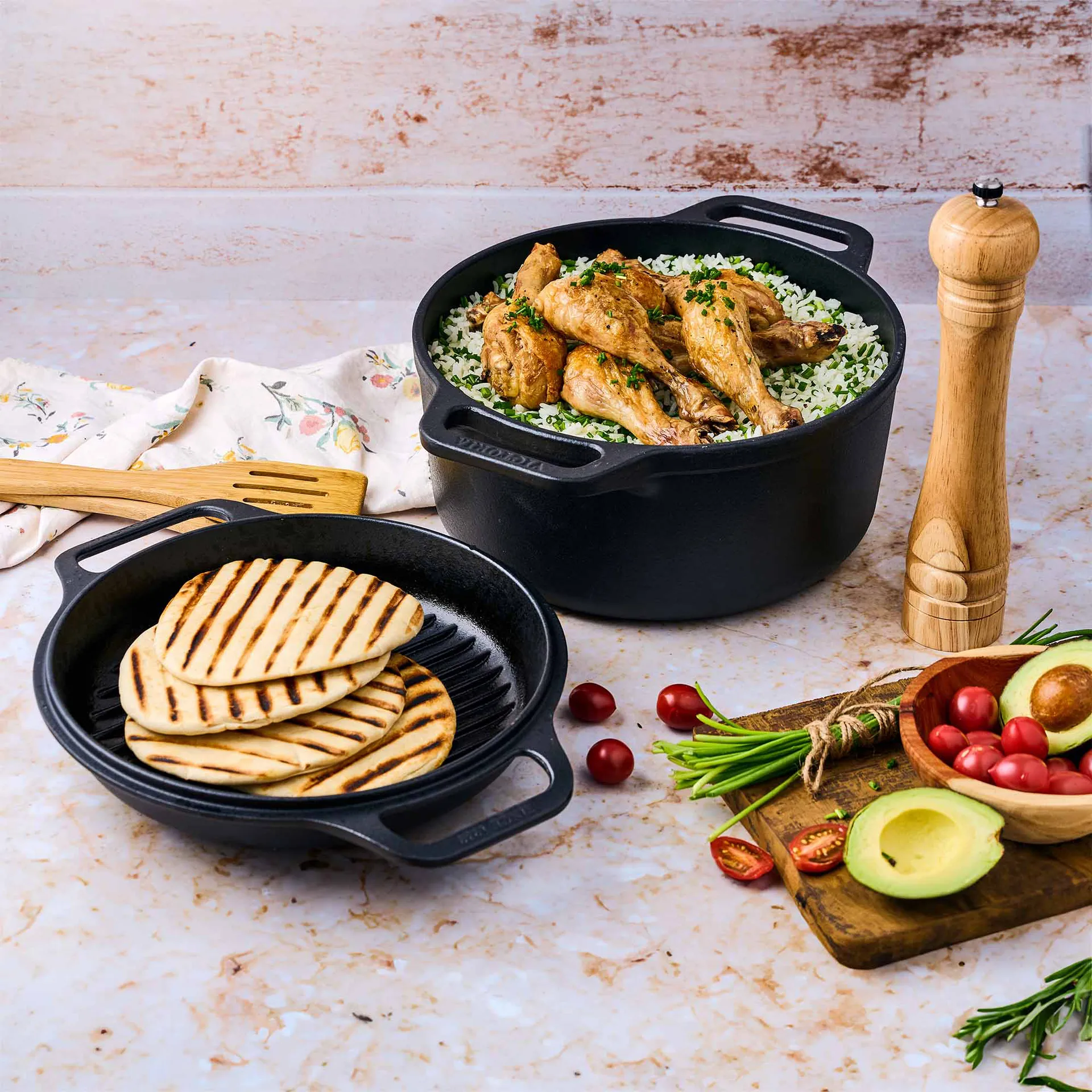 Cast iron Dutch oven and grill pan, pre-seasoned, 2-piece Victoria