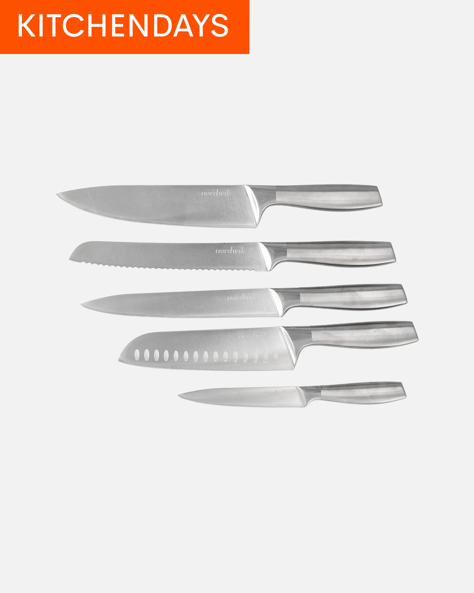 Set of five silver kitchen knives with stainless steel blades and matching handles on a light background.
