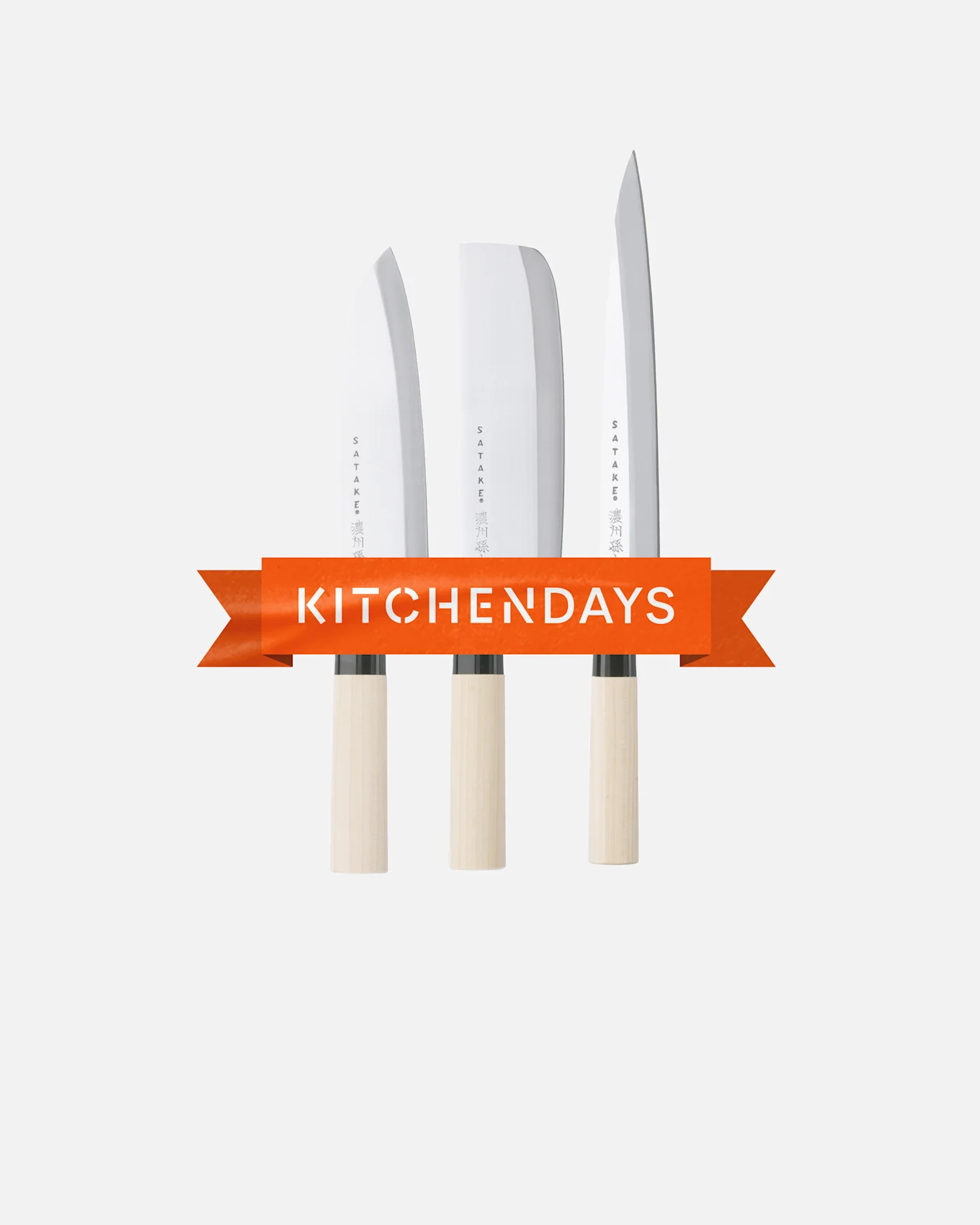 Three Japanese kitchen knives with light wooden handles and silver blades, with an orange KITCHENDAYS banner.