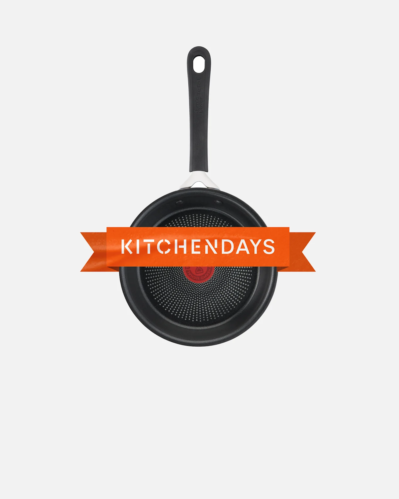 Black frying pan with a red ThermoSpoT and white dots on its surface, overlaid with an orange 'KITCHENDAYS' banner.