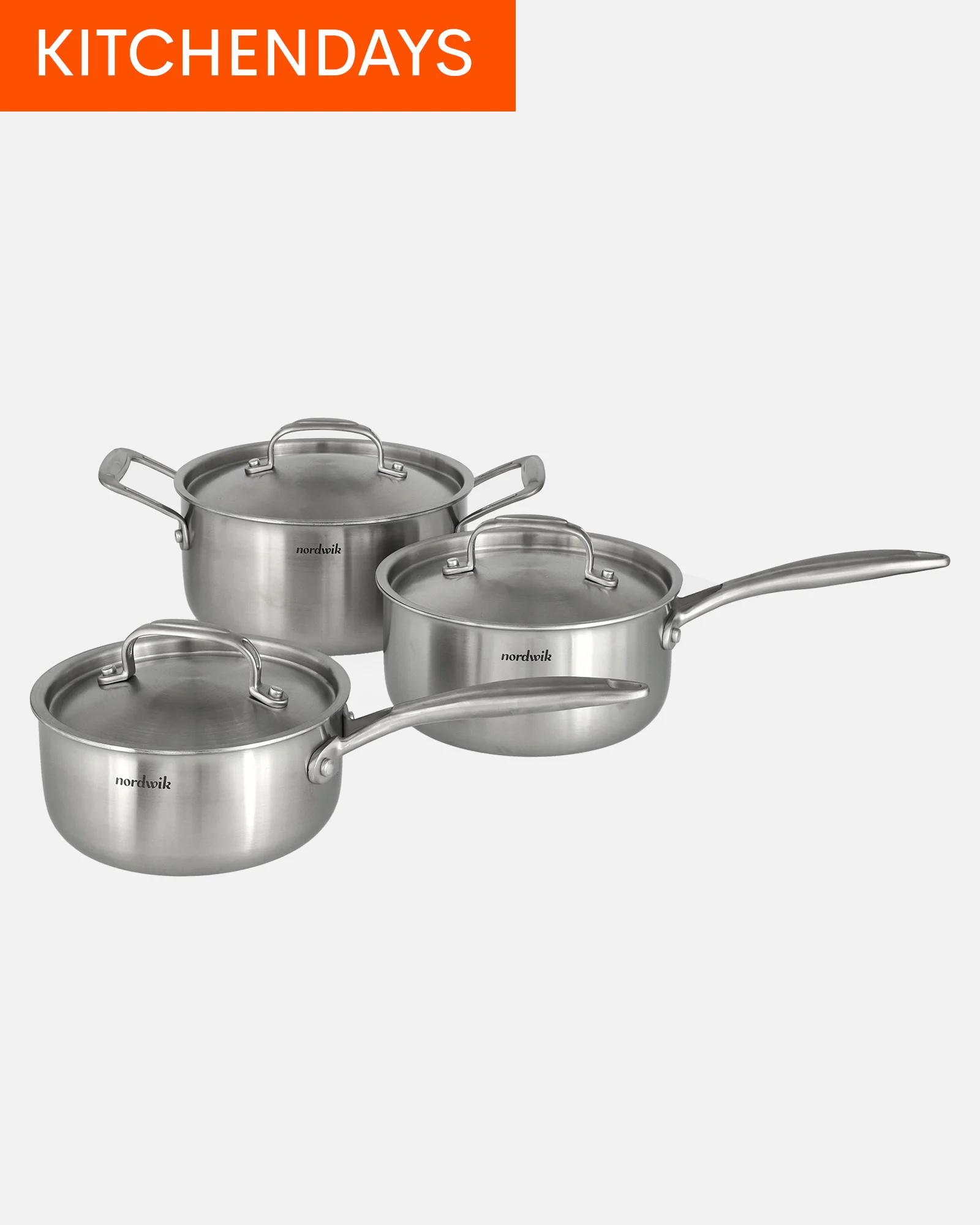 KITCHENDAYS logo above three stainless steel pots and saucepans with lids.